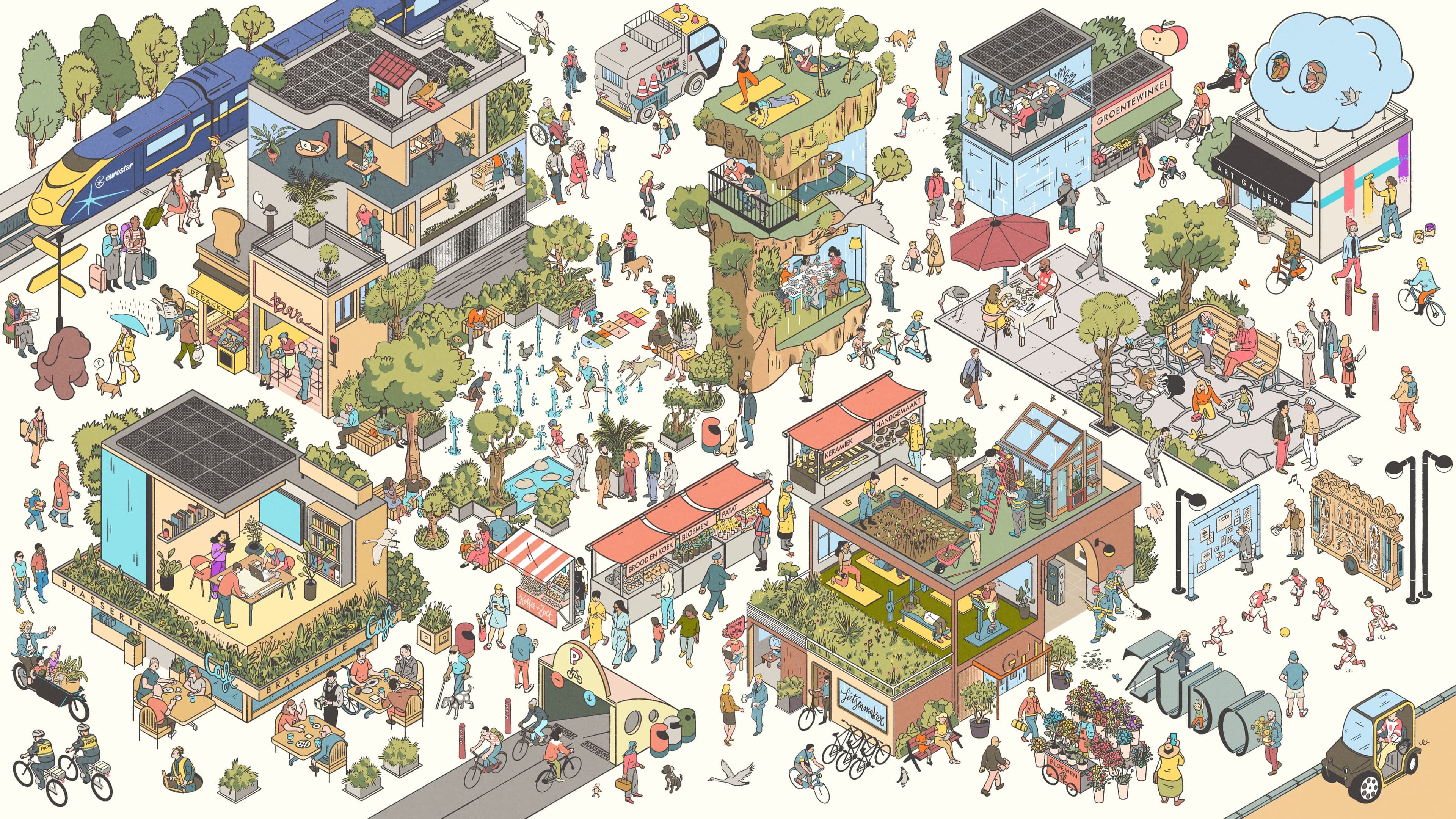 Illustratie van het Zudo-dorp met winkels, tuinen, terrassen, mensen, fietsers, openbare ruimte en een trein.